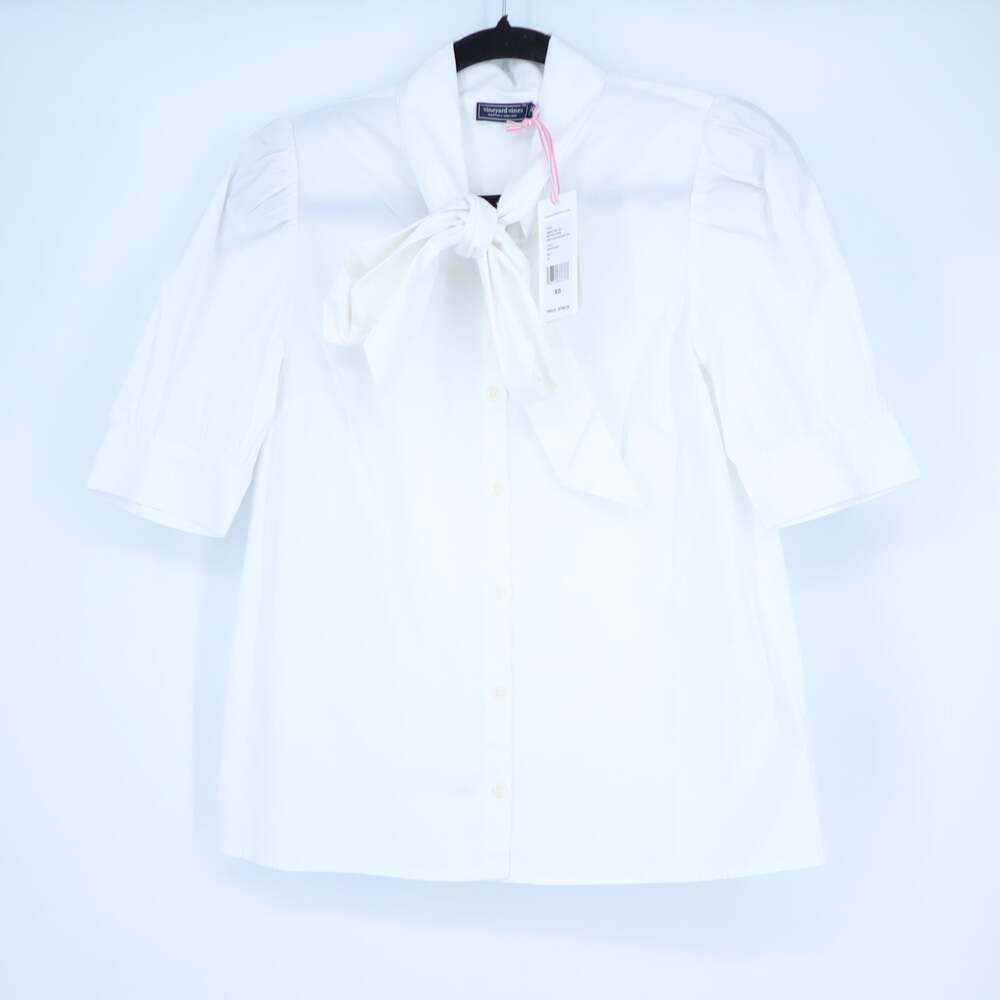 VINEYARD VINES Bow Tie Blouse White Button Front Short Sleeves Women's XS